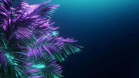 Tropical palm tree at night. Neon light. 