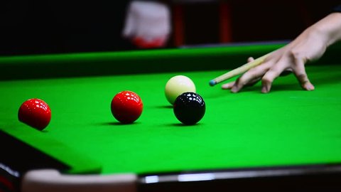 Close up of Snooker shooting on snooker table. Game of snooker. 