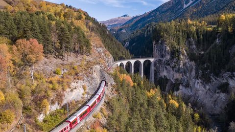 Following a train on the viaduct Landwasser in Swiss mountains during the autumn. Filmed with the Inspire 2 drone in 5.2k RAW resolution and downscaled to 4k.