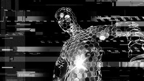 a dancer performs wearing an incredible disco mirror suit that sparkles in the light with  intentional overlayed video distortion and glitch effects..