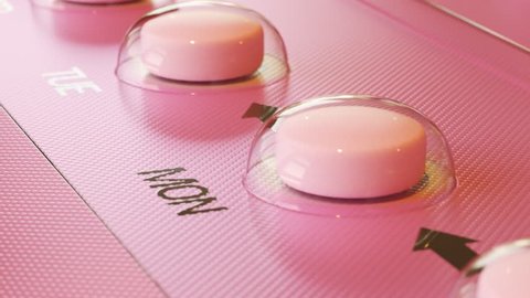 Pink birth control pills in a feminine blister. Single pill for every day of a week. Modern female contraception medicine. Perspective camera moving forwards in an endless, seamless, looping animation