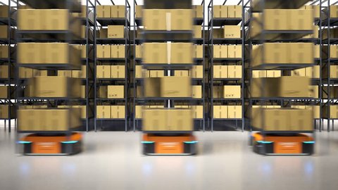 Animation with warehouse industry autonomic robots carrying a shelves with cardboard boxes. Fully automatic unmanned system of cargo distribution. Computer coordinated efficient logistic process. 4K.
