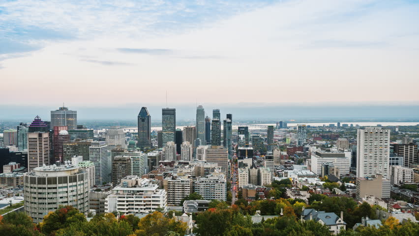 Sunset over the city of Montreal in Canada. Day to night transition