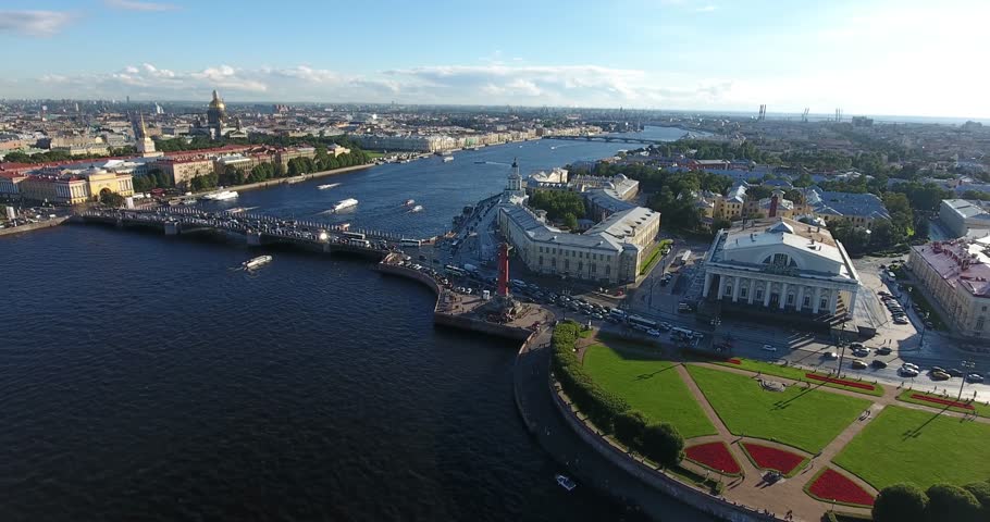 Aerial panoramic view of the Old Saint Petersburg Stock Exchange (also Bourse) and Rostral Columns in Saint Petersburg, Russia on a sunny day. 