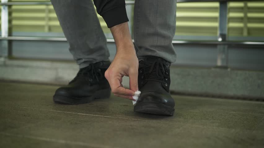 Unrecognizable young man wearing gray jeans and leather shoes leans to wipe them with a napkin. Slider slow motion medium shot