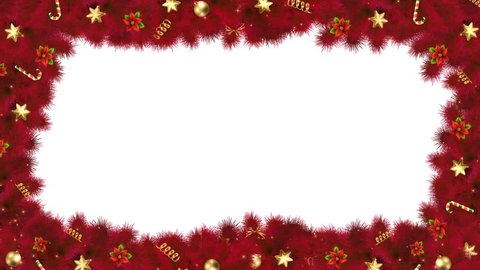 Christmas festive frame with red fir branches, decorations, candy, stars and holly with Luma Matte for space for design greeting card and commercials