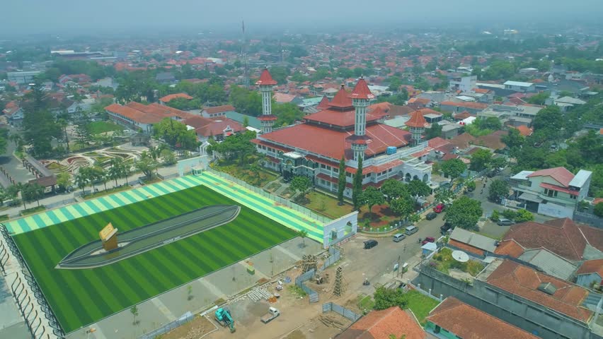 Aerial View of City Square (Alun-Alun) Cianjur (Under Constuction) with Great mosque, An Icon and Public Park in Downtown, Asia
