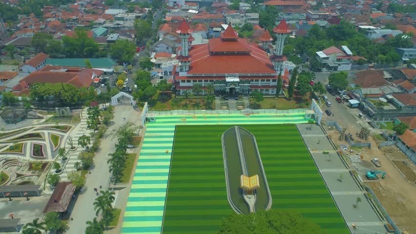 Aerial View of City Square (Alun-Alun) Cianjur (Under Constuction) with Great mosque, An Icon and Public Park in Downtown, Asia