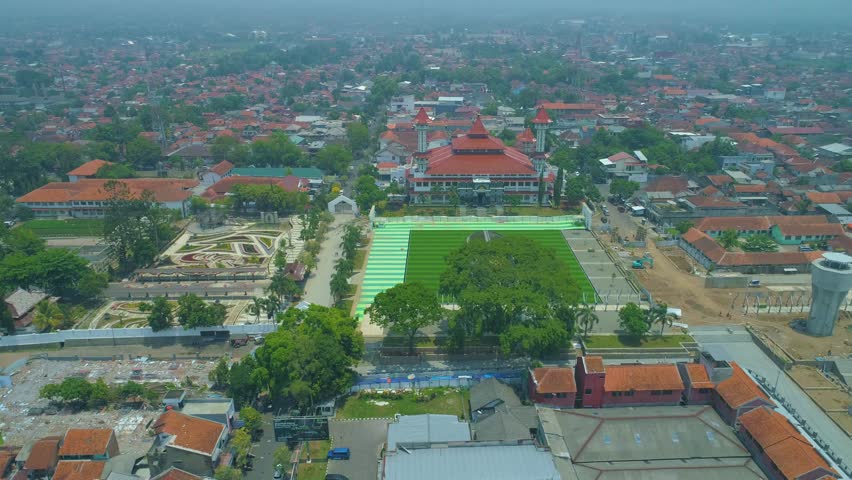 Aerial View of City Square (Alun-Alun) Cianjur (Under Constuction) with Great mosque, An Icon and Public Park in Downtown, Asia