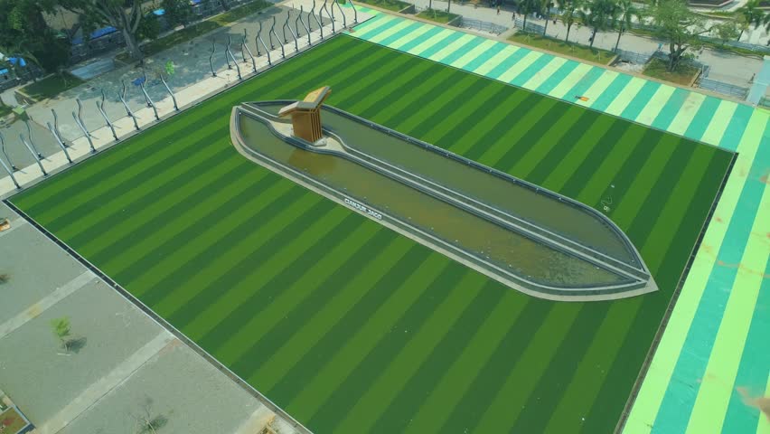 Aerial View of City Square (Alun-Alun) Cianjur (Under Constuction) with Great mosque, An Icon and Public Park in Downtown, Asia