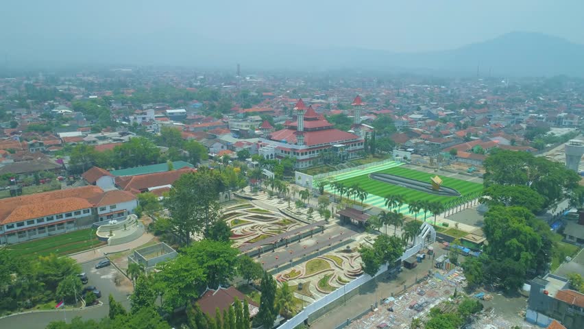 Aerial View of City Square (Alun-Alun) Cianjur (Under Constuction) with Great mosque, An Icon and Public Park in Downtown, Asia