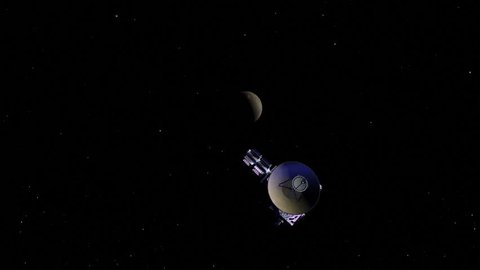 The New Horizons spacecraft flies by the dwarf planet Pluto on its way to the outer solar system.