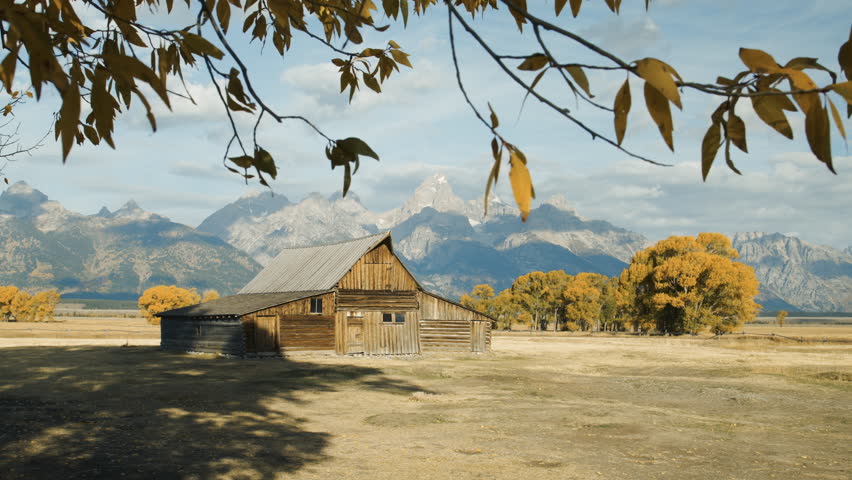 Real time panorama footage of famous Mormon Row Historic District with scenic Grand Teton mountain range and yellow autumn foliage in beautiful golden morning light at sunrise in fall, Wyoming, USA