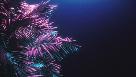 Tropical palm tree at night. Neon light. Pink, blue colors. 