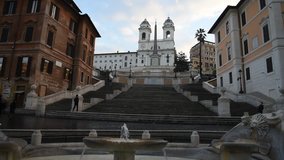 Rome Trinità  dei Monti church, spanish steps and Spain square real time video in the early morning
