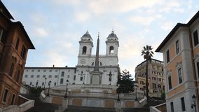 Rome Trinità  dei Monti church, spanish steps and Spain square real time video in the early morning
