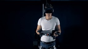 A person uses equipment to play VR games. Virtual reality gaming concept.
