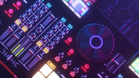 Modern, contemporary DJ Set mixer in an endless. looping animation. Professional, electronic, club music equipment in a disco lights. Colorful buttons, screend and dials glowing in the dark.
