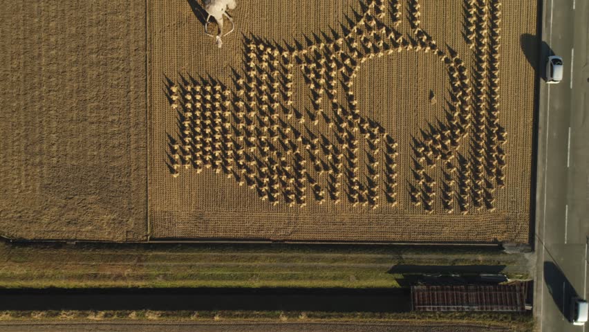 Aerial top down shot of mamoth made from rice stocks in Japan