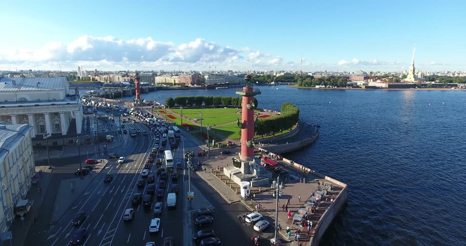 The Old Saint Petersburg Stock Exchange and Rostral Columns, aerial panoramic view