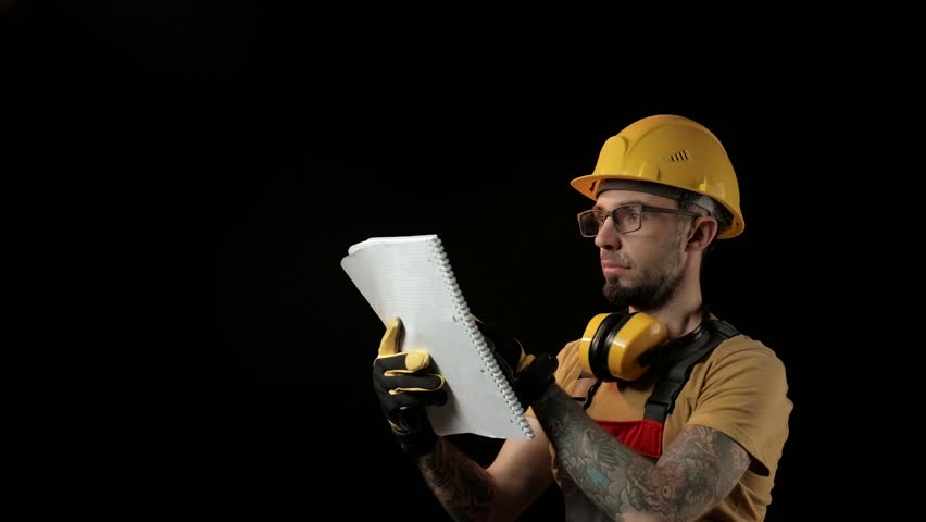 A brick falling from height towards a workers head which. Work safety concept with hard hat, protective gloves, eye safety glasses and hearing protection Royalty-Free Stock Footage #1020136057