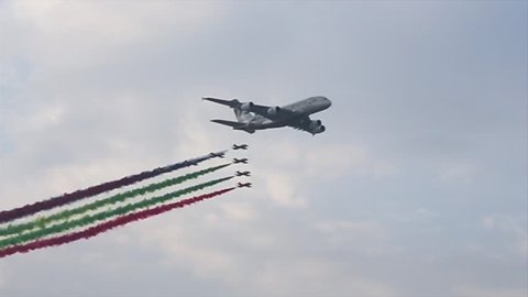 Abu Dhabi, U.A.E - November 25th: Airbus A380 and 7 jets do an amazing fly by at the Abu Dhabi F1 2018.