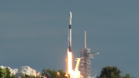 CAPE CANAVERAL, FLORIDA, NOV 2018 - SpaceX launches a Falcon 9 rocket carrying the Es'hail 2 satellite for Qatar from Kennedy Space Center. With audio.