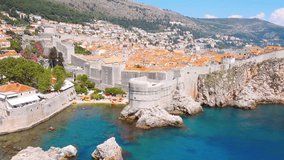 Aerial view at famous european travel destination city of Dubrovnik - Fort Bokar on a sunny day. Location place Croatia, South Dalmatia, Europe. Discover the beauty of earth. Shooting in 4K video.