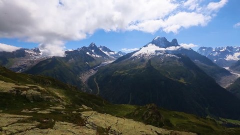 Great summer view of Mont Blanc glacier in sunny day. Location Chamonix, Graian Alps, France, Europe. Scenic footage of beautiful nature landscape. Discover the beauty of earth. Full HD 1080p video.