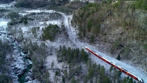 Train Oslo - Bergen in mountains. Hordaland, Norway.