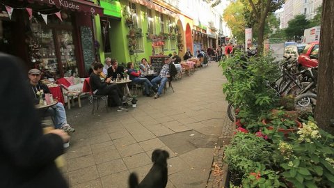 Berlin/Germany-2018: Sidewalk Cafe at Berlin-Bergmannstrasse, Kreuzberg streets