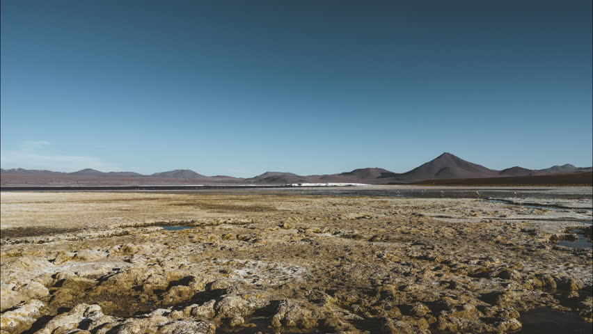 4k Timelapse movie film clip of sunset day to night transition stars of the red lagoon (laguna colorada) with all its colors due to algae and sediments in the region of the Uyuni Salt Flat in Bolivia