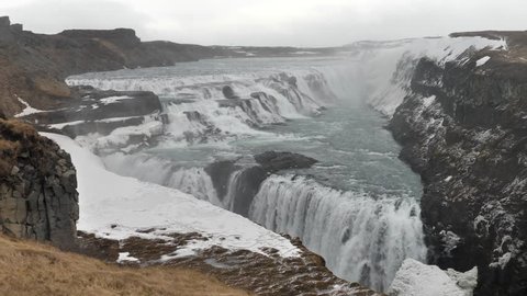 Handheld Shot Of Gullfoss Waterfall in Wintertime, Iceland