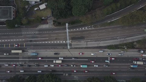 Hong Kong Circa-2017, daytime overhead aerial view of a freeway.