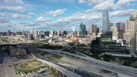 Dallas, Texas / United States - October 1, 2018 : Aerial of Downtown Dallas, Texas, skyline, infrastructure and surrounding scenery.