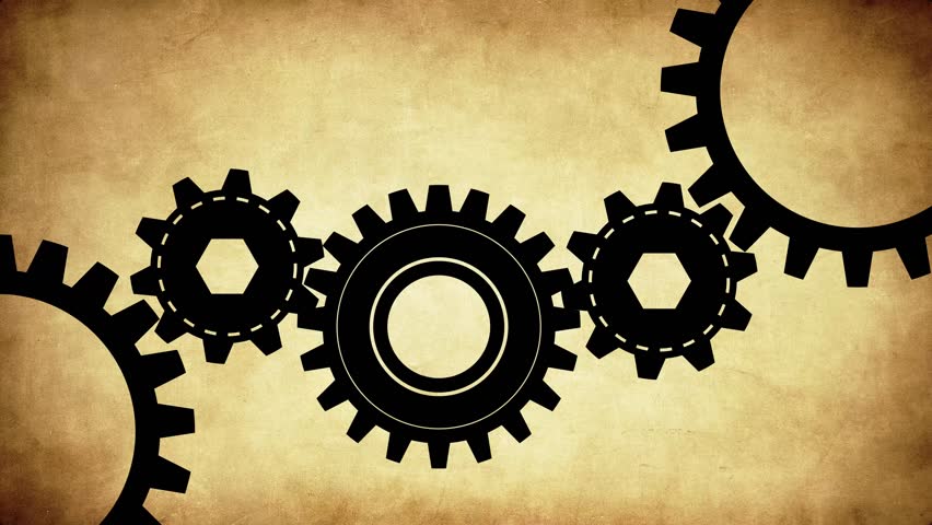 Very old and antique gear mechanism representing the joint operation of a team or business system and the teamgroup, the black gears are spinning fast over an ancient parchment background in 4k. Royalty-Free Stock Footage #1020170116