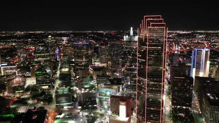 Dallas, Texas / United States - October 1, 2018 : Aerial of Downtown Dallas, Texas at night, and the skyline at sunset. 
