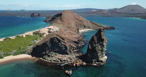 Drone flight over famous Pinnacle Rock, Bartolome Island, Galapagos, Ecuador