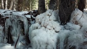 Walking on water. Drone video flying backwards from a frozen waterfall in the Colorado forest.