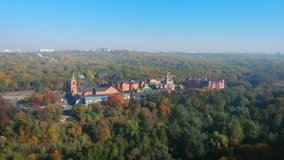 Enormous complex of the historical Sviato Pokrovskyi Golosiiv Monastery. an Orthodox landmark. from an aerial perspective. UltraHD 4k footage