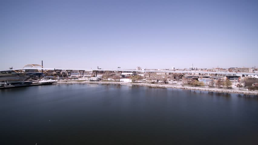 Drone Aerial view of freeway traffic from 794 to downtown Milwaukee.