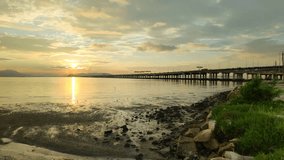 4K video view of sunrise from Penang Bridge of George Town