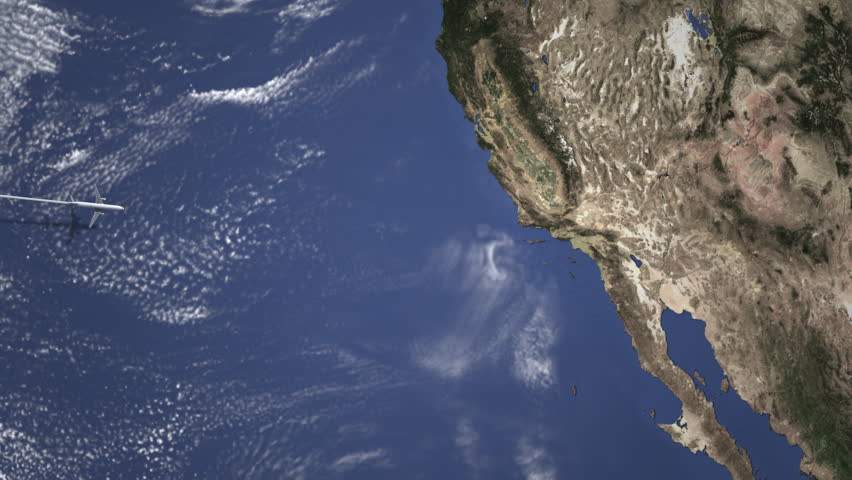 Route of a commercial plane to Los Angeles, United states from west. Intro 3D animation