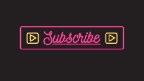 Subscribe sign neon animation. Neon retro signboard for followers. Glowing pink and yellow neon button.
