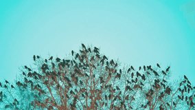 flock autumn of birds crows blue sky taking off from a tree. a flock of crows black bird dry tree . birds ravens in the sky. a flock lifestyle of crows concept