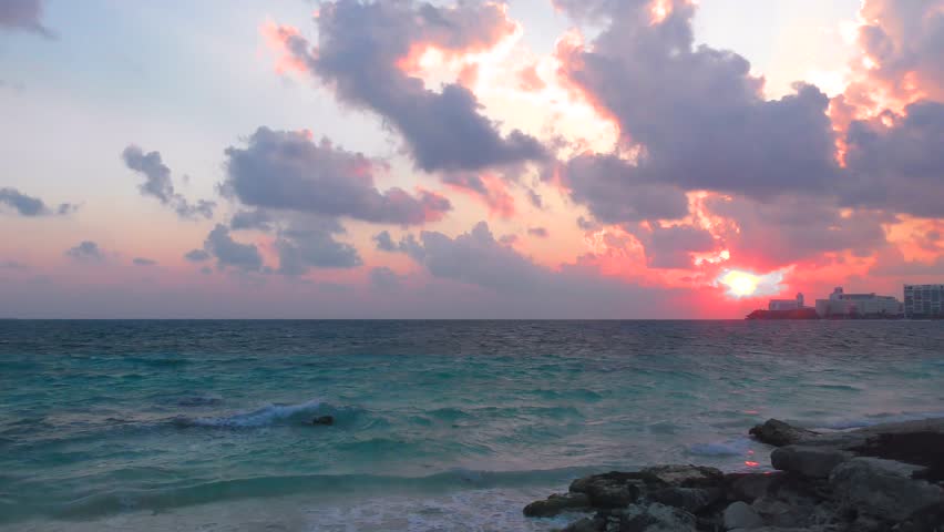 Sunrise at the Caribbean Sea in Cancun Mexico. Sunrise on the Beach in the Morning