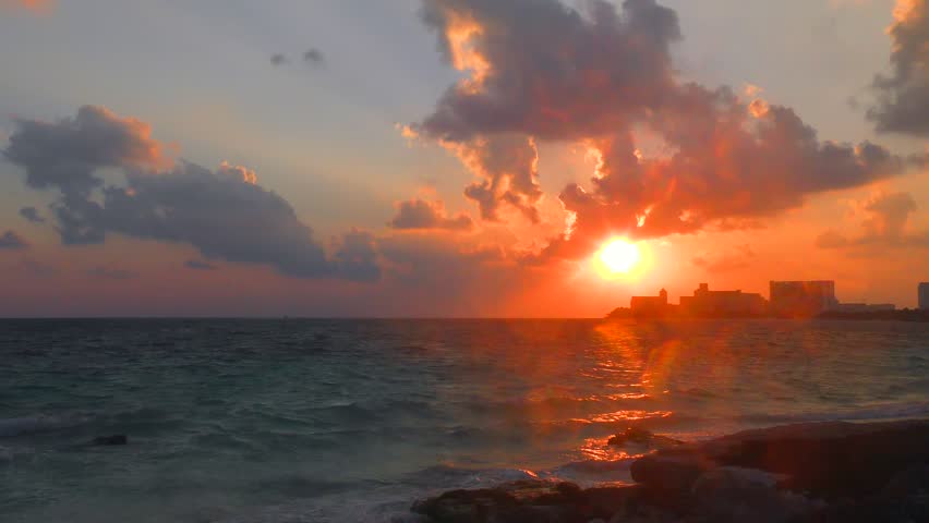 Sunrise at the Caribbean Sea in Cancun Mexico. Sunrise on the Beach in the Morning