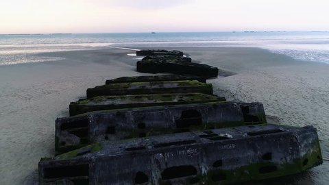 Drone footage - Aerial shot of D-day World War 2 ruins at Gold Beach (D-day World War 2) in Normandy France