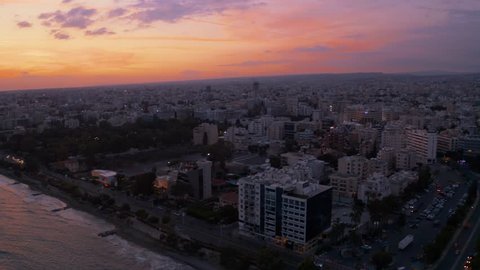 July 15, 2018. Limassol, Cyprus. Beautiful aerial evening sunset view over Limassol town at the Republic of Cyprus. Promenade (molos) Limassol Cyprus. Aerial video of Limassol centre