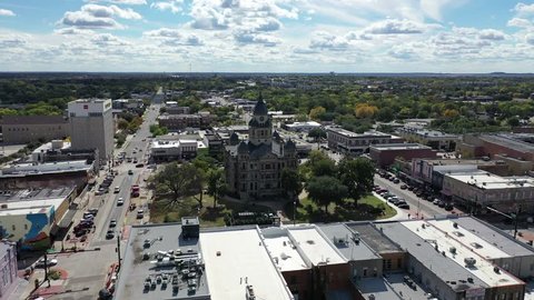 Denton, Texas / United States - October 1, 2018 : Aerial of downtown Denton, a city in Texas within the Dallas-Fort Worth metro area.